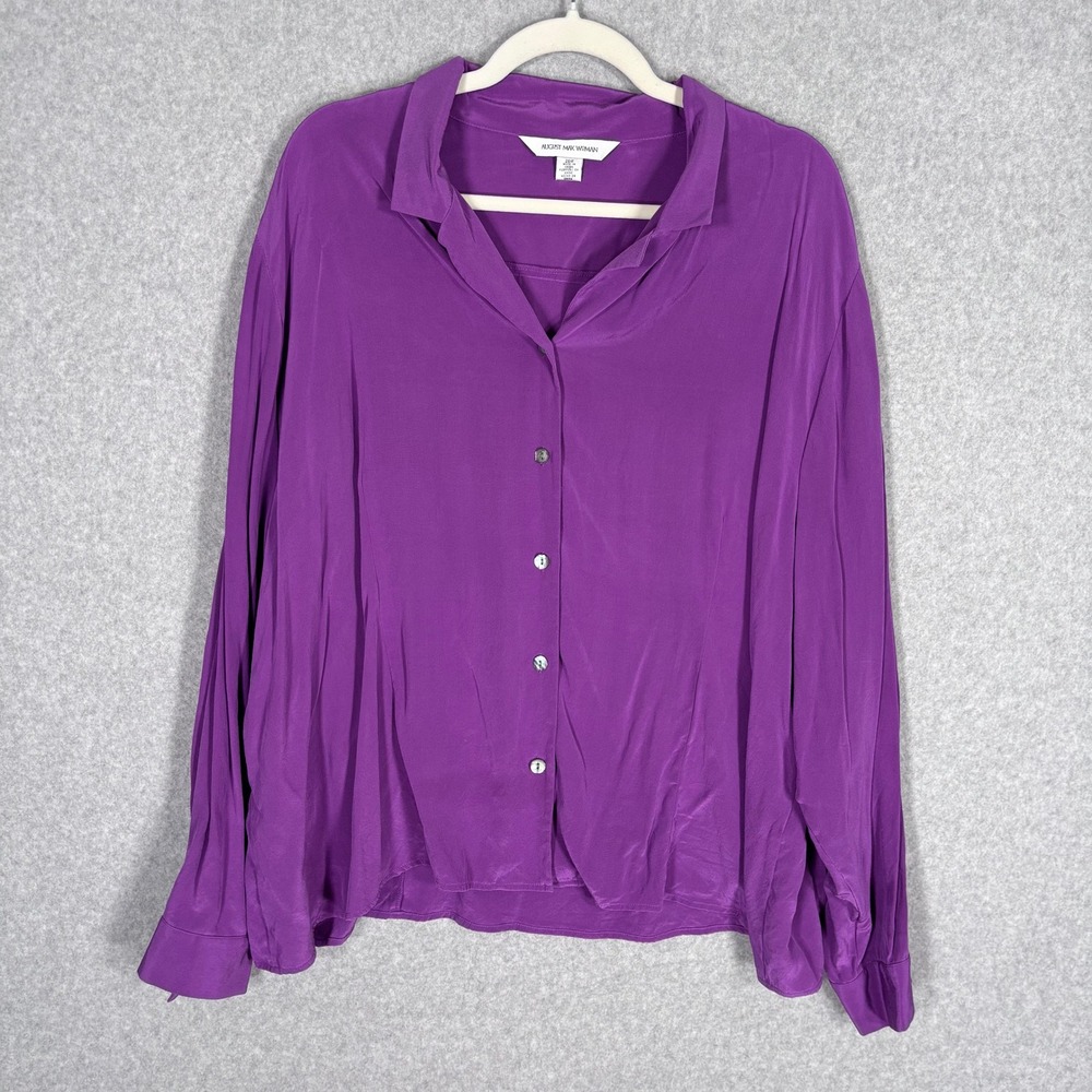 Vintage August Max 100% Silk Blouse 26W Purple Tailored Button Up Shirt Luxury